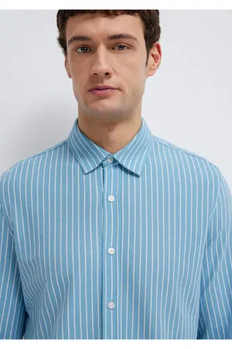 Çizgili Gömlek Slim Fit / Dar Kesim 0211404-91579-Mavi - 7