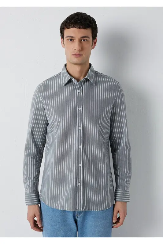 Çizgili Gömlek Slim Fit / Dar Kesim 0211404-91730 - Antrasit - 3