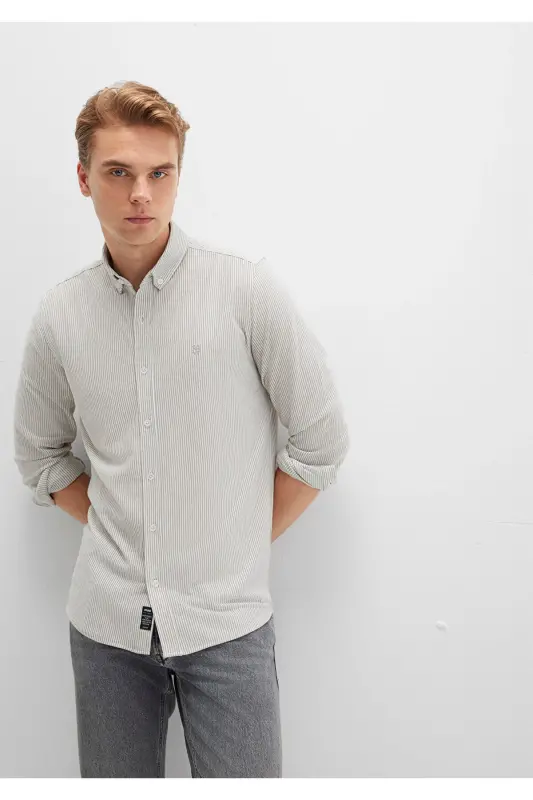 Çizgili Haki Gömlek Slim Fit / Dar Kesim 0211402-91332-Renkli - 2