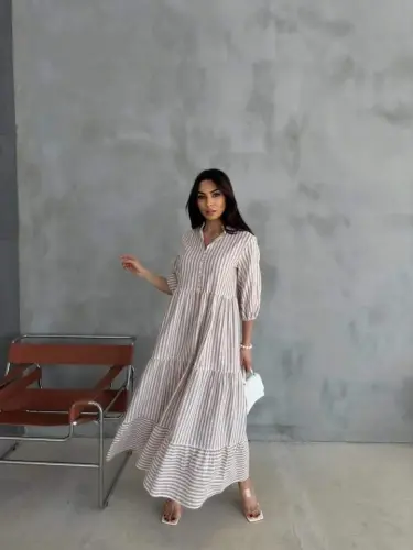 ÇİZGİLİ KETEN HAKİM YAKA DÜĞMELİ SALAŞ ELBİSE - Kahverengi - 2