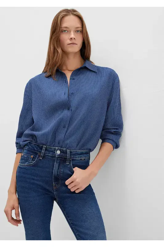 Çizgili Lacivert Gömlek Loose Fit / Bol Rahat Kesim 1210683-80736 - 1