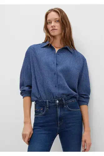 Çizgili Lacivert Gömlek Loose Fit / Bol Rahat Kesim 1210683-80736 - 3