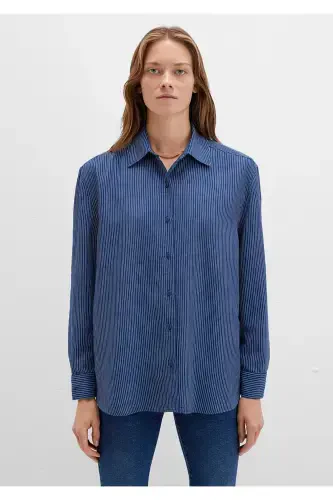 Çizgili Lacivert Gömlek Loose Fit / Bol Rahat Kesim 1210683-80736 - 4