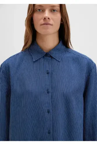 Çizgili Lacivert Gömlek Loose Fit / Bol Rahat Kesim 1210683-80736 - 6