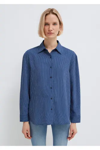 Çizgili Lacivert Gömlek Loose Fit / Bol Rahat Kesim 1210683-80736 - Lacivert-80736 - 4