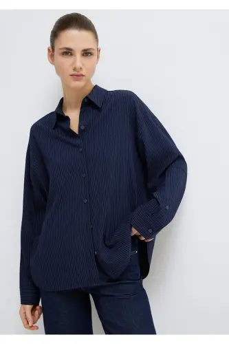 Çizgili Lacivert Gömlek Oversize / Geniş Kesim 1210878-83699 - Lacivert-83699 