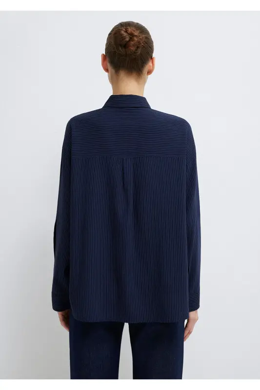 Çizgili Lacivert Gömlek Oversize / Geniş Kesim 1210878-83699 - Lacivert-83699 - 5