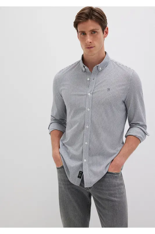 Çizgili Lacivert Gömlek Slim Fit / Dar Kesim 0211402-91331-Lacivert - 1