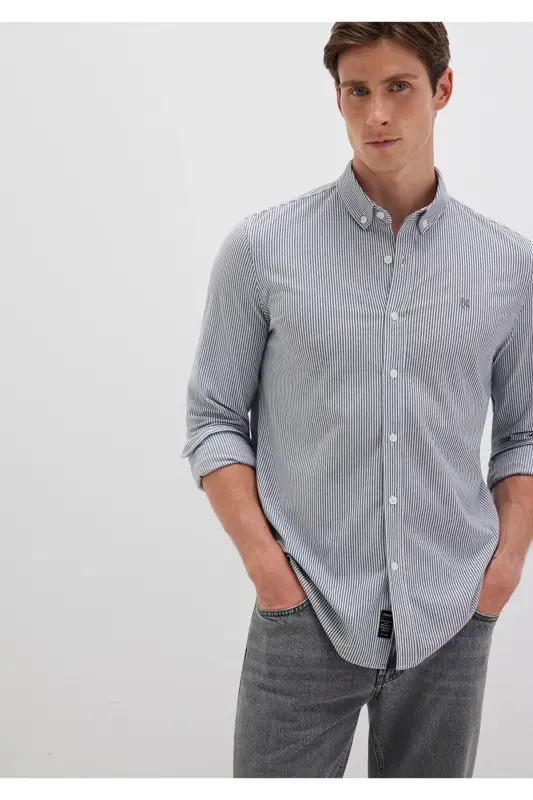 Çizgili Lacivert Gömlek Slim Fit / Dar Kesim 0211402-91331-Lacivert - 3