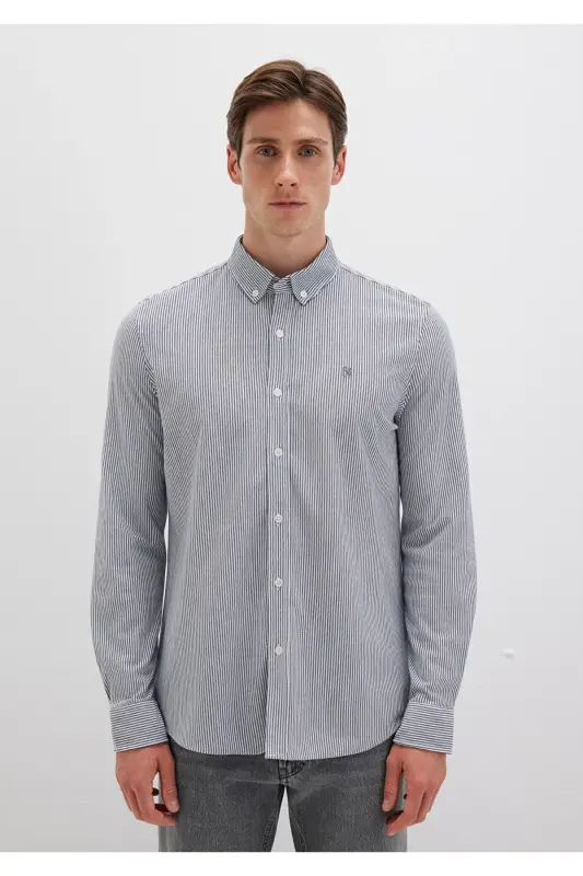 Çizgili Lacivert Gömlek Slim Fit / Dar Kesim 0211402-91331-Lacivert - 4