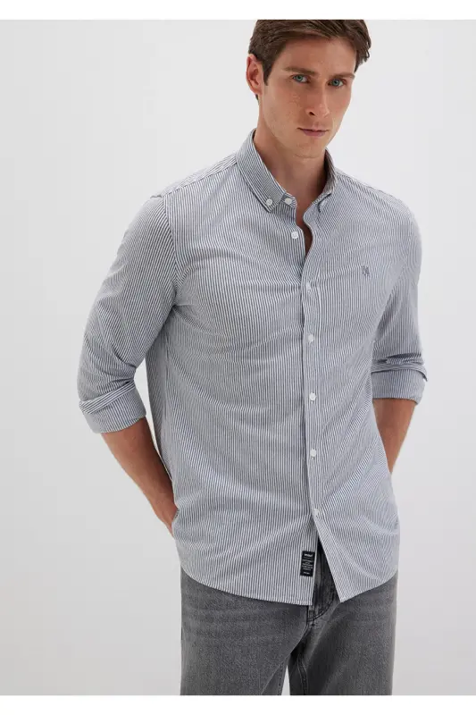 Gestreiftes dunkelblaues Hemd Slim Fit / Slim Fit 0211402-91331 - Lacivert-91331 - 2