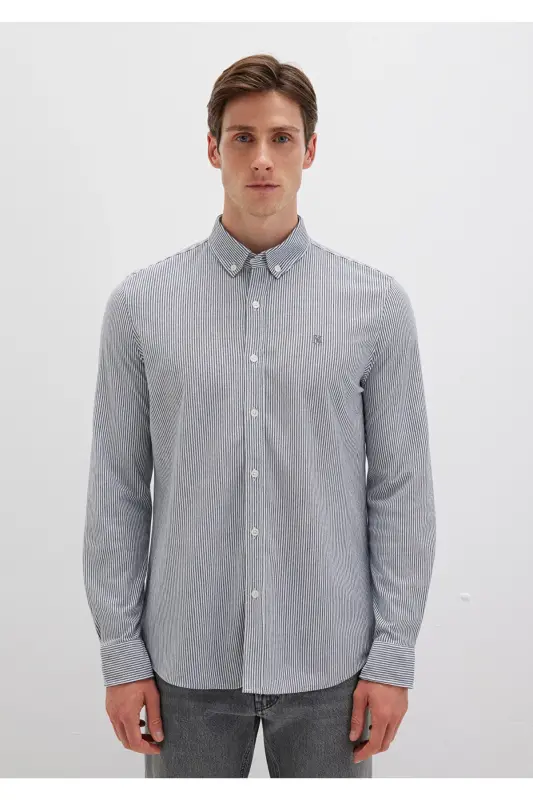Gestreiftes dunkelblaues Hemd Slim Fit / Slim Fit 0211402-91331 - Lacivert-91331 - 4
