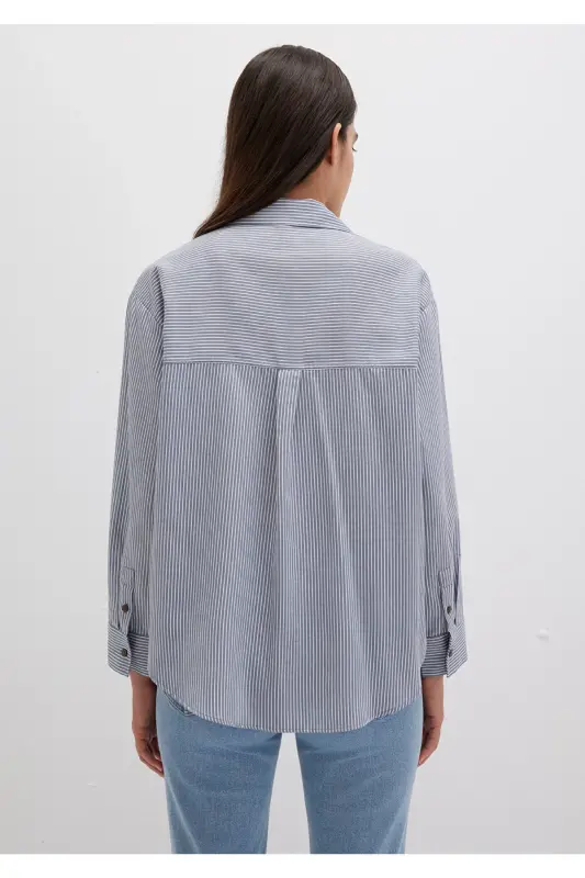 Çizgili Mavi Gömlek Oversize / Geniş Kesim 1211069-89153 - Mavi-89153 - 4