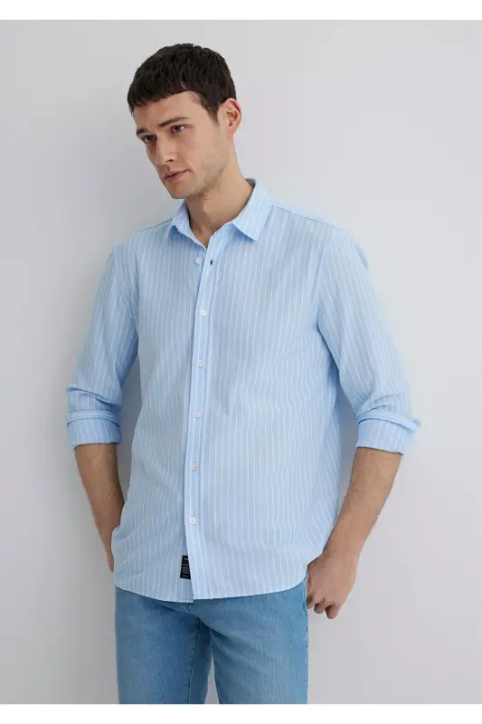 Çizgili Mavi Gömlek Slim Fit / Dar Kesim 0211404-89506 - Mavi-89506 - 1