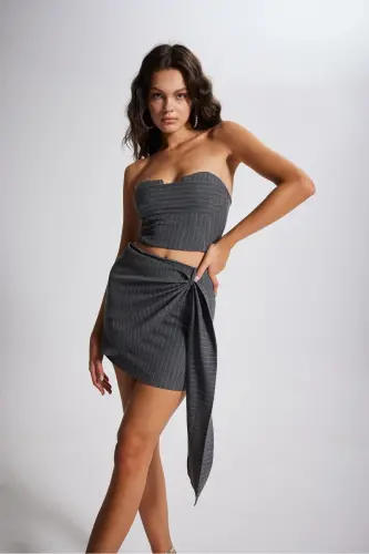 Çizgili Mini Norma Etek Gri-Gri - HOLLY LOLLY (1)