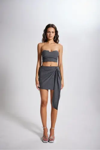 Çizgili Mini Norma Etek Gri-Gri - 5