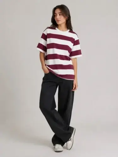 Çizgili Oversize Tişört Bisiklet Yaka Kısa Kol Yazlık T-Shirt - Bordo - 1