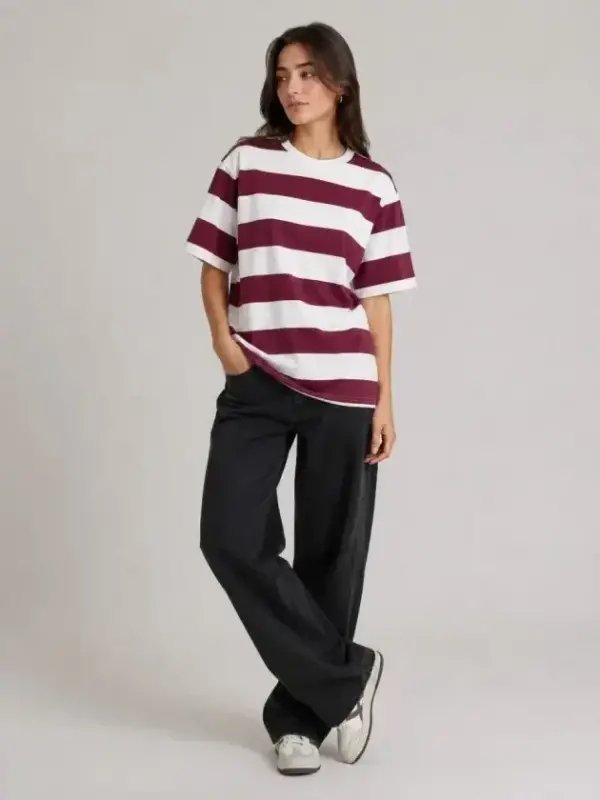 Çizgili Oversize Tişört Bisiklet Yaka Kısa Kol Yazlık T-Shirt - Bordo - BÜYÜKBEDENIZ