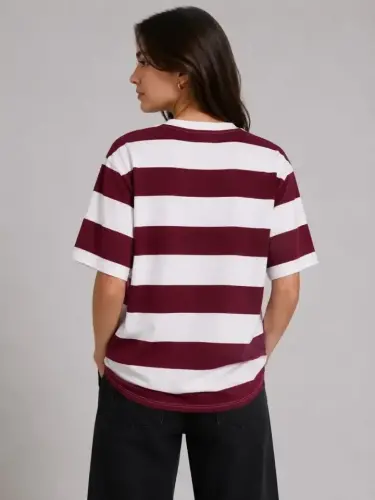 Çizgili Oversize Tişört Bisiklet Yaka Kısa Kol Yazlık T-Shirt - Bordo - BÜYÜKBEDENIZ (1)