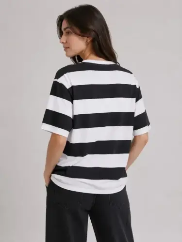 Çizgili Oversize Tişört Bisiklet Yaka Kısa Kol Yazlık T-Shirt - Siyah - BÜYÜKBEDENIZ (1)