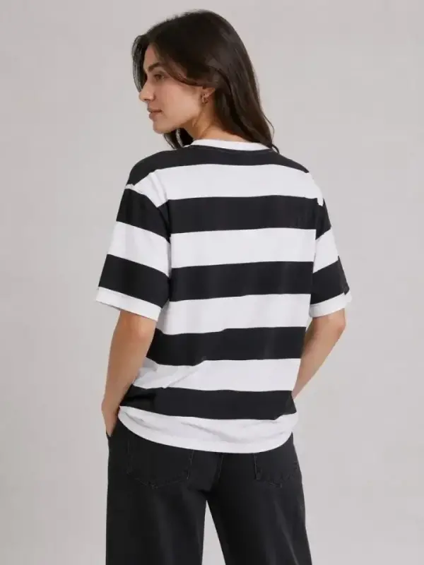 Çizgili Oversize Tişört Bisiklet Yaka Kısa Kol Yazlık T-Shirt - Siyah - 2