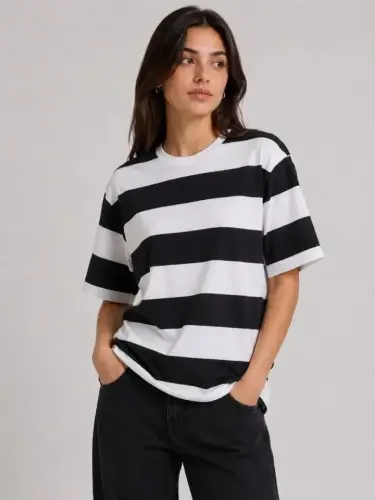 Çizgili Oversize Tişört Bisiklet Yaka Kısa Kol Yazlık T-Shirt - Siyah - 3