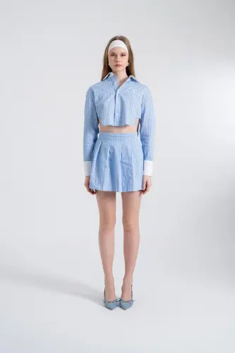 Çizgili Pilili Mini Harmony Poplin Etek Mavi - Mavi - 1