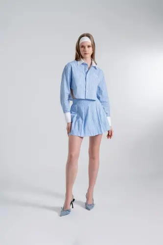 Çizgili Pilili Mini Harmony Poplin Etek Mavi - Mavi - 3