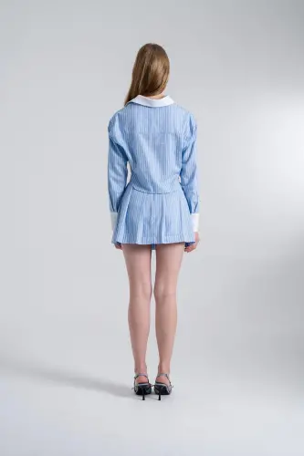 Çizgili Pilili Mini Harmony Poplin Etek Mavi - Mavi - 4