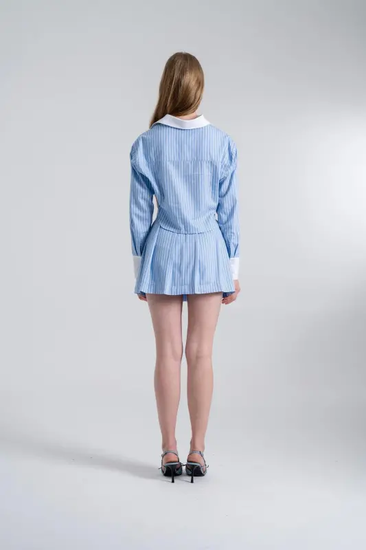 Çizgili Pilili Mini Harmony Poplin Etek Mavi - Mavi - 4