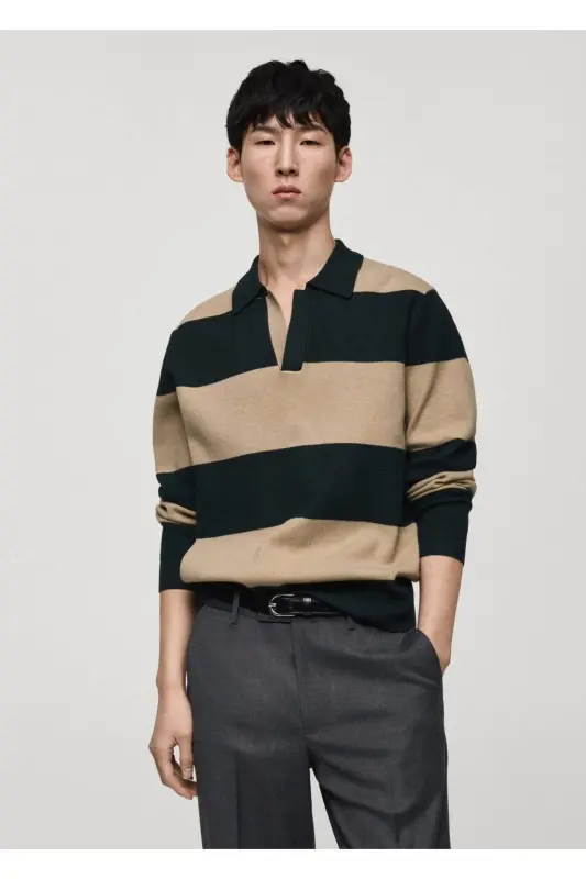 Çizgili polo kazak - Koyu Yeşil - 1