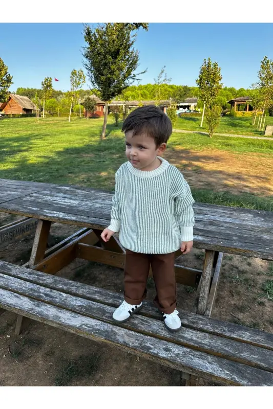 Çizgili Selanik Örgü Oversize Çocuk Triko Kazak (geniş kalıptır lütfen tam beden tercih ediniz ) - YEŞİL - EYC BABY