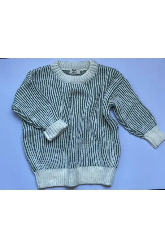 Çizgili Selanik Örgü Oversize Çocuk Triko Kazak (geniş kalıptır lütfen tam beden tercih ediniz ) - YEŞİL - 2