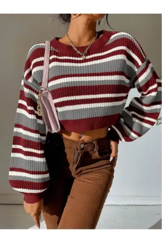 Çizgili Selanik Örgü Oversize Crop Kadın Kazak - Bordo - 3