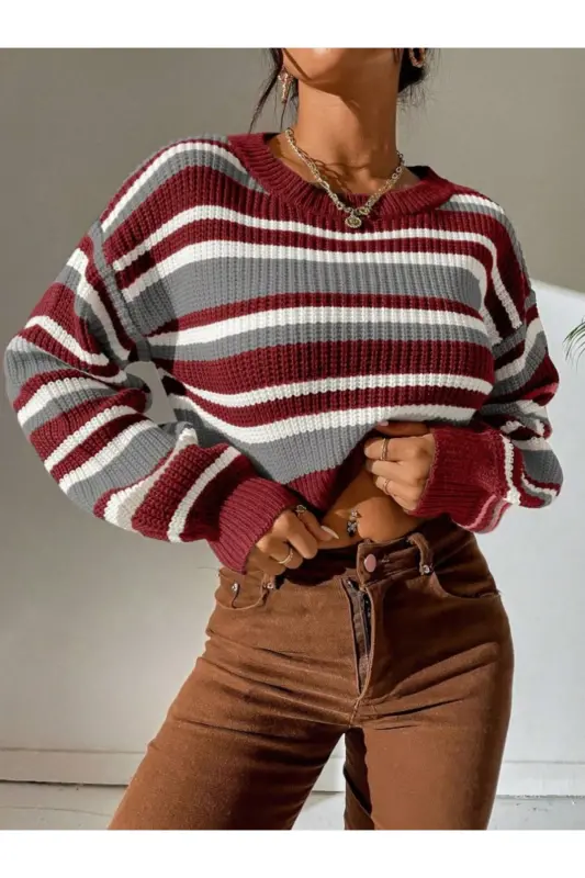 Çizgili Selanik Örgü Oversize Crop Kadın Kazak - Bordo - 6