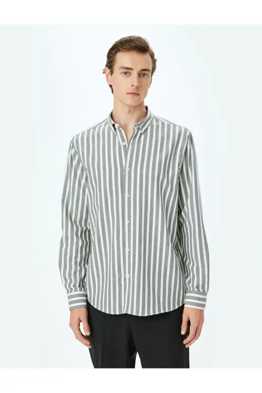 Çizgili Uzun Kollu Düğmeli Yaka Slim Fit Gömlek-Kahve Çizgili - 3