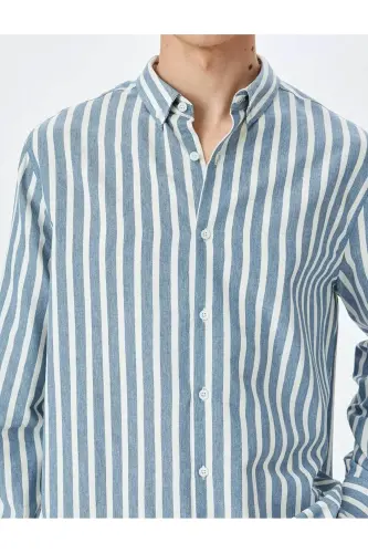Çizgili Uzun Kollu Düğmeli Yaka Slim Fit Gömlek-Lacivert Çizgili - 5