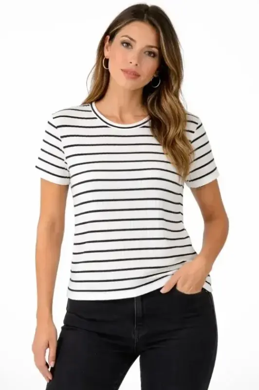 Çizgili Yazlık Triko T-Shirt Bisiklet Yaka Rahat Kalıp Tişört - Beyaz - 1