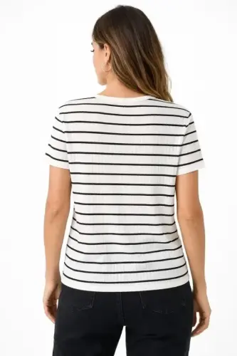 Çizgili Yazlık Triko T-Shirt Bisiklet Yaka Rahat Kalıp Tişört - Beyaz - 3