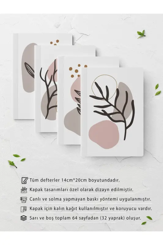 Çizgisiz Defter Seti - Botanik Çiçek - 4 Adet - 14cm*20cm - 64 Sayfa-Kahverengi - 2