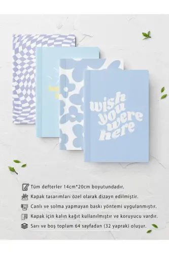 Çizgisiz Defter Seti - Mavi - 4 Adet - 14cm*20cm - 64 Sayfa-Mavi - POSTIFULL (1)