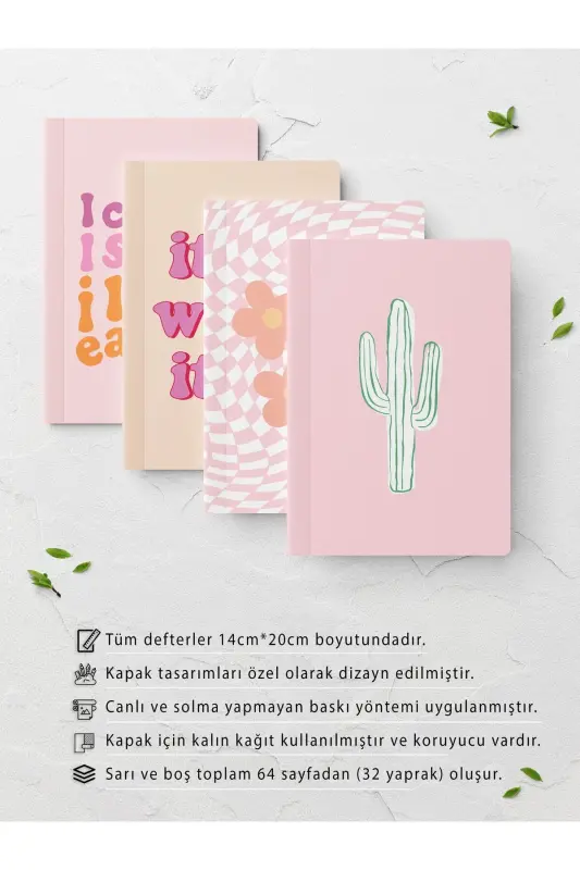 Çizgisiz Defter Seti - Pembe - 4 Adet - 14cm*20cm - 64 Sayfa-Pembe - 2