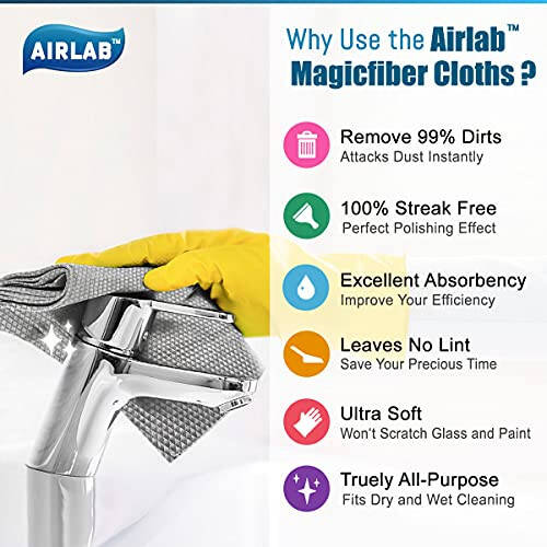 Airlab Streak Free Miracle Cleaning Cloths Easy Clean Nanoscale, Pack of 8, 12'' x 16'', Microfiber Polishing Windows Glass Lint Free Rags Stainless Steel Car Kitchen Reusable - 6