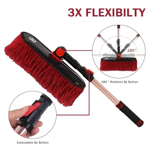Car Duster Exterior Scratch Free,Car Dust Brush with Extendable Telescoping Handle to Remove Pollen,Dusters for Truck,RV and Motorcycle,Large Mop Head, Wax Cotton Hair，Auto Care - 3