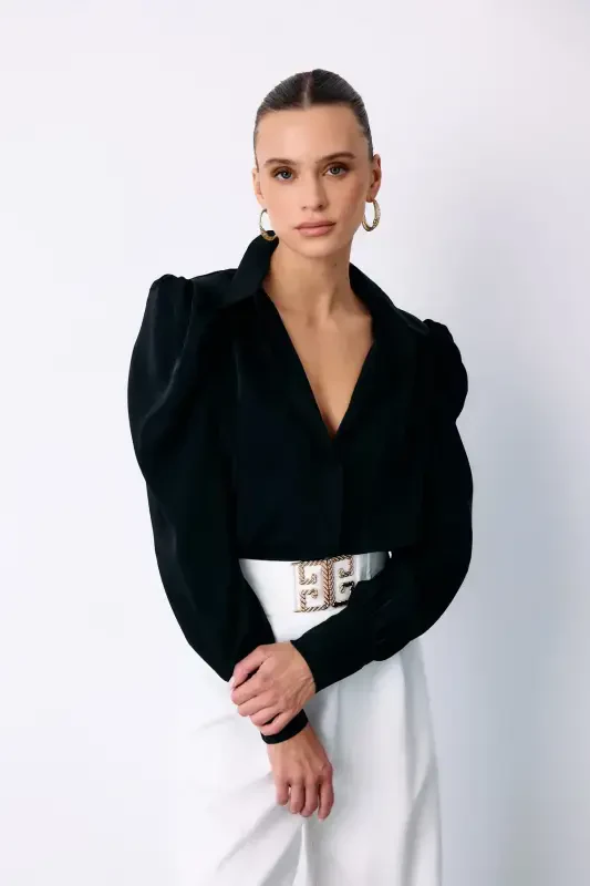 Classic Button-Down Shirt with Collar - Black - 2