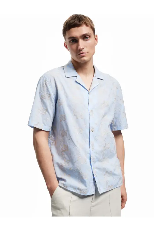 Classic Collar Cotton Short Sleeve Floral Patterned Shirt - 1