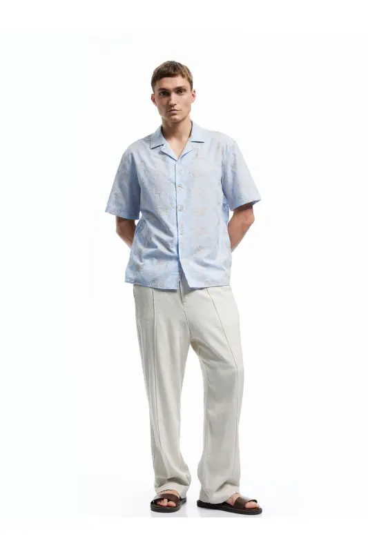 Classic Collar Cotton Short Sleeve Floral Patterned Shirt - 2