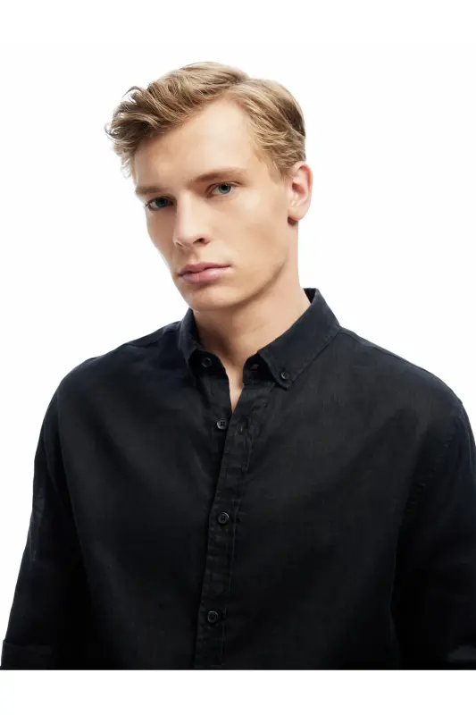 Classic Collar Regular Fit Long Sleeve Linen Shirt-Black - 1