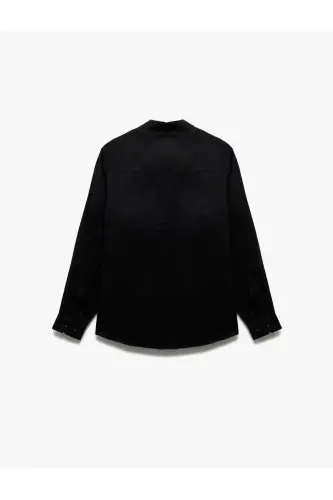 Classic Collar Regular Fit Long Sleeve Linen Shirt-Black - 5