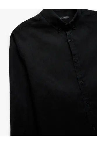 Classic Collar Regular Fit Long Sleeve Linen Shirt-Black - 6